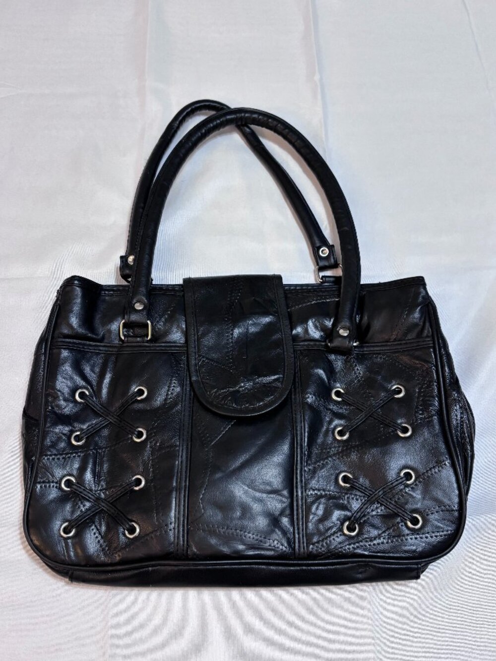 Vintage Y2K Black Genuine Leather Corset Lace-Up Handbag Purse Patchwork Bag